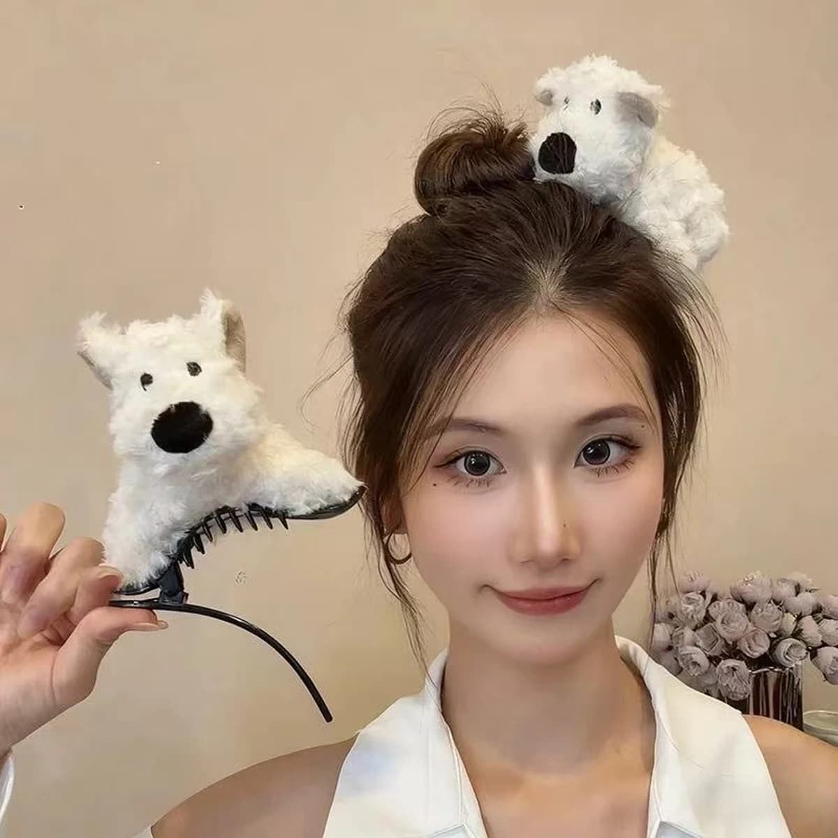 1 graziosa fermaglio per capelli per cani bianchi in peluche per l'autunno e l'inverno, forcina laterale, clip per artiglio per panino, clip a becco d'anatra