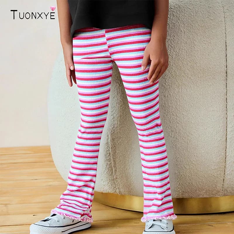 TUONXYE Baby Girls Striped Flared Leggings, Colorful Ribbed Bell Bottom Pants, Kids Elastic Waist Casual Trousers for Spring