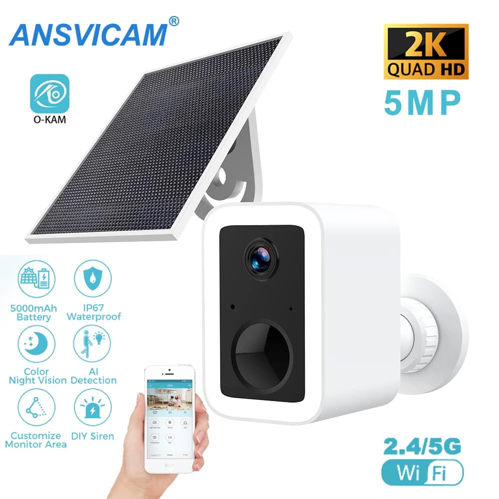 Telecamera di sicurezza solare 2K 5MP con alimentazione continua, telecamera IP wireless da esterno con 135° di copertura ° WiFi ad angolo ampio IP67 impermeabile per la casa