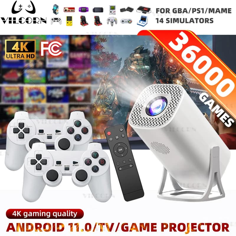Mini Proiettore Console di Gioco con 36000 Giochi, Android 11, Video 1080P, Proiettore per Casa ed Esterni