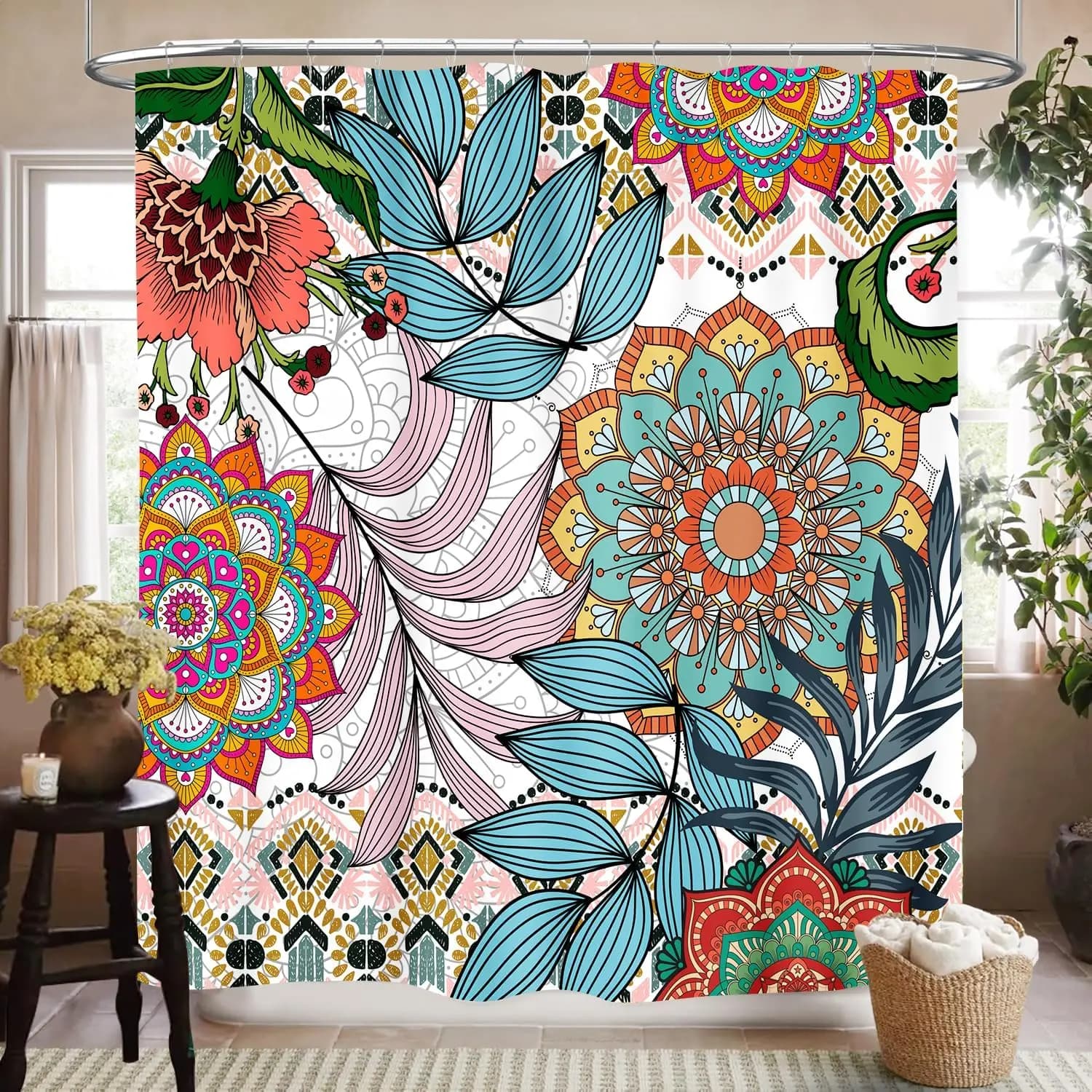 Boho Floral Shower Curtain Vintage Mandala Tropical Leaves Paisley Medallion Rustic Waterproof for Bathroom with Hooks