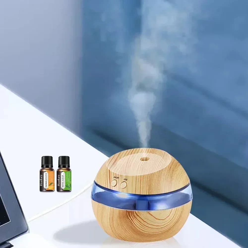 Umidificatore USB da 300 ml Diffusore di oli essenziali Grano di legno Luce notturna Touch Control 2 oli