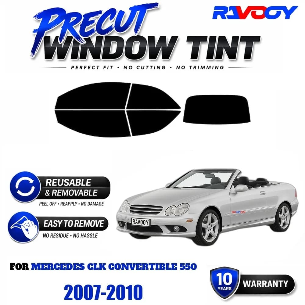 Precut Window Tint, Reusable Removable EPU Film, Custom Fit for Mercedes CLK Convertible 550 2007-2010, UV Heat Protection