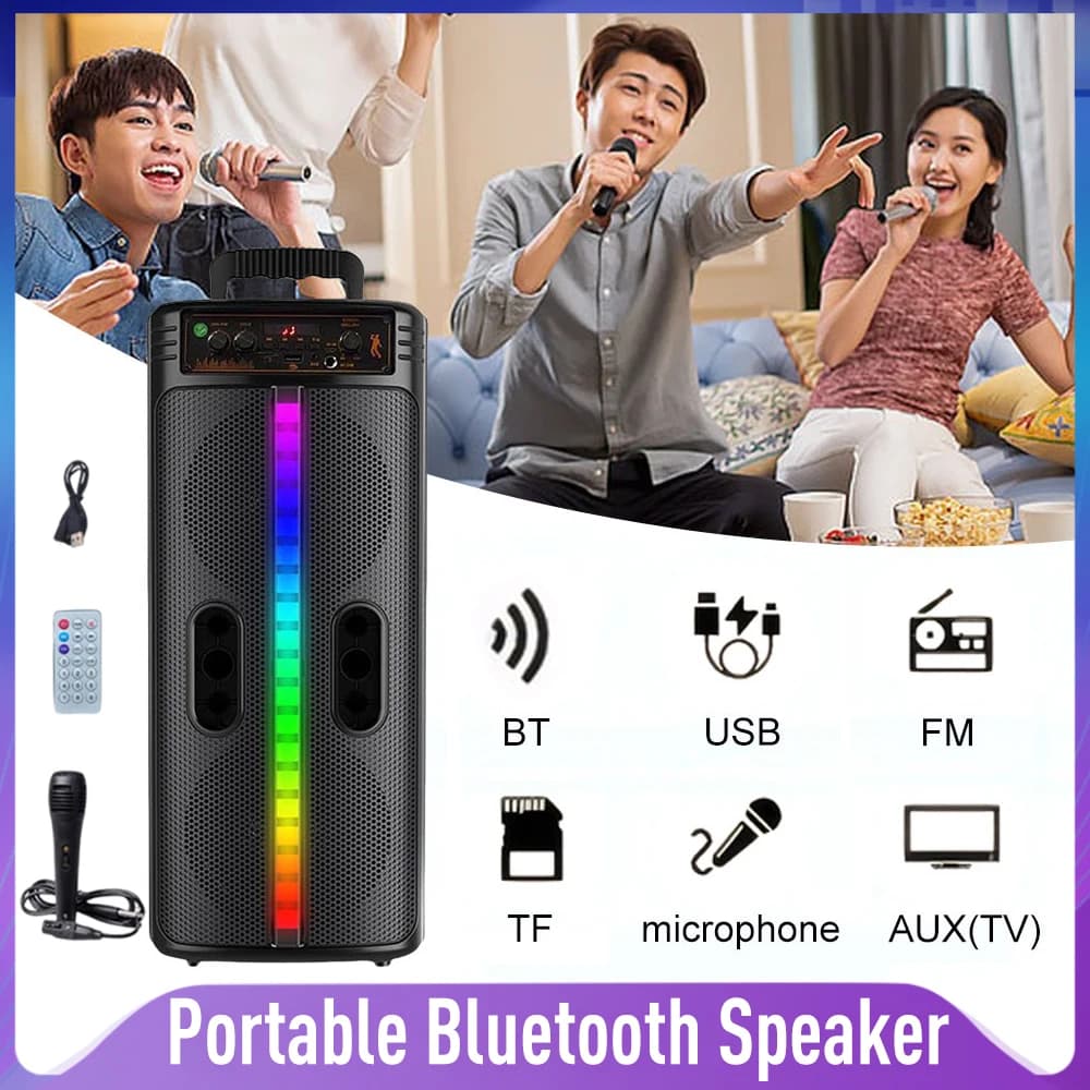 Altoparlante Wireless Portatile Compatibile con Bluetooth, Doppio Subwoofer da 8,5 Pollici, Audio Stereo Potente, Luci Colorate per Feste all'Aperto e in Casa