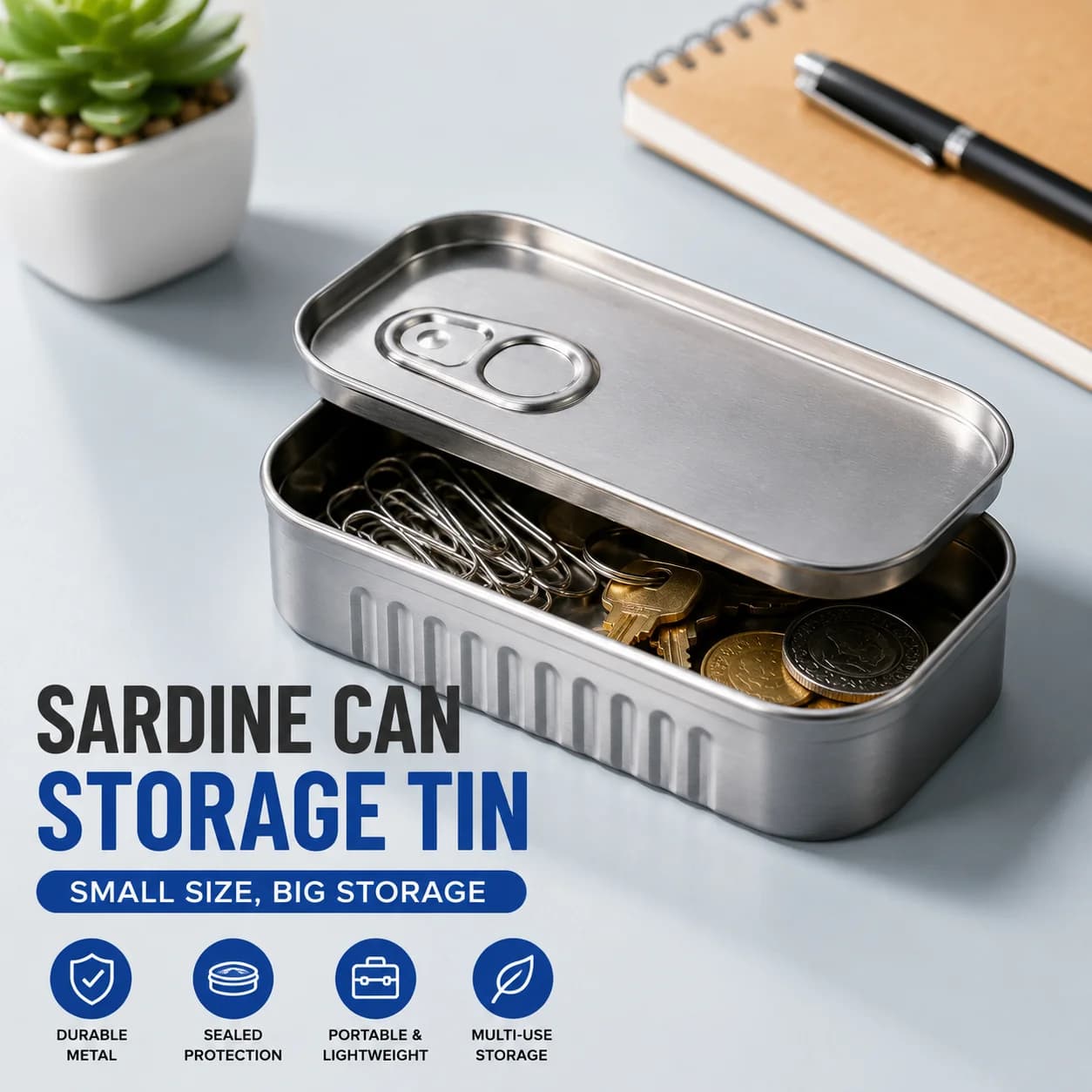 Scatola di Latta a Forma di Sardina, Contenitore Metallico Portatile Sigillato con Coperchio per Piccoli Oggetti, Gioielli, Monete, Organizzatore da Scrivania