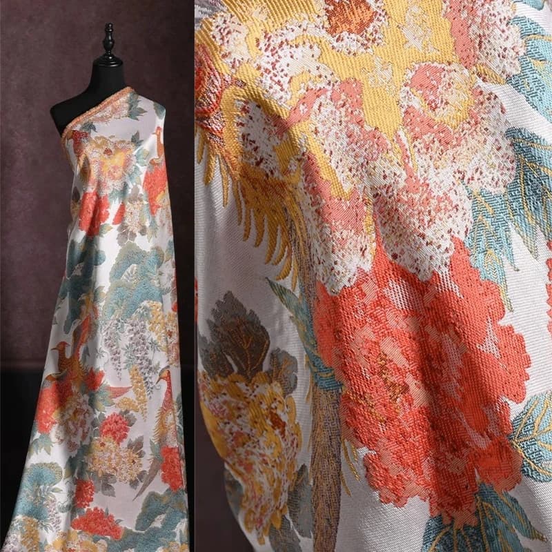 Jacquard Brocade Fabric Vintage Phoenix Peony Heavyweight Intricate Chinese Style Qipao Hanfu Dress Gown DIY Sewing