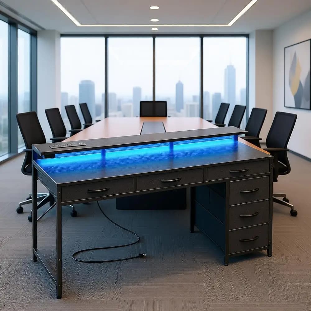 Gaming desk with 6 drawers, LED lights, Current sockets, USB-C, 47-inch desk with storage space, Monitor support, Home/Office desk