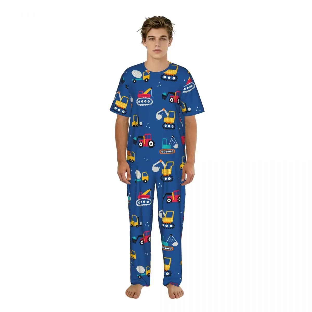 Pigiama da uomo a maniche corte, due pezzi con pantaloni, grazioso completo da casa con stampa camion/auto, abbigliamento da notte.
