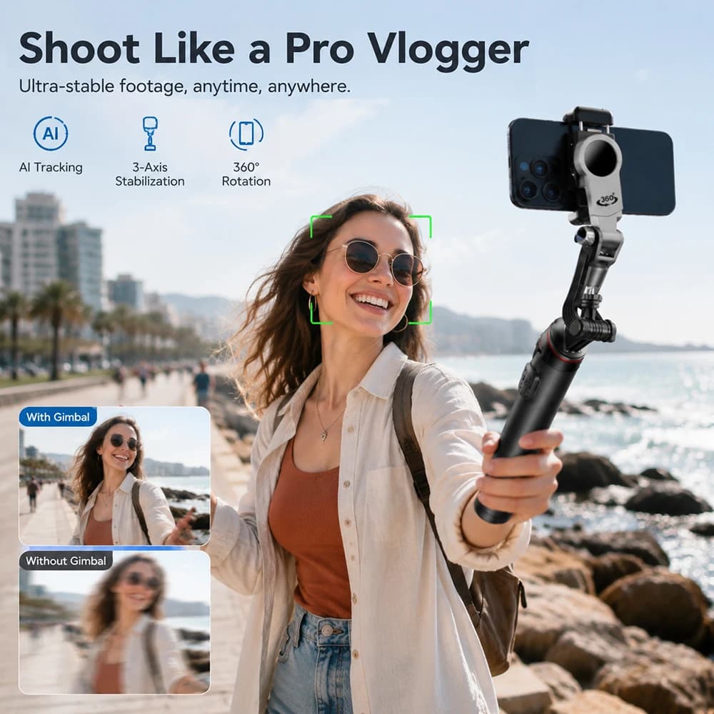 360° Rotation AI Smart Tracking Gimbal Stabilizer with 1/4" Screw Selfie Stick Tripod for Phone & Camera