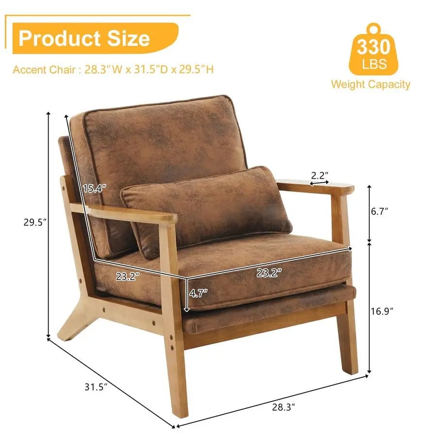 Poltrona Accent con Braccioli Larghi, Stile Mid-Century, in Tessuto Bronzato con Cuscino Lombare e Struttura in Legno Massello per Soggiorno