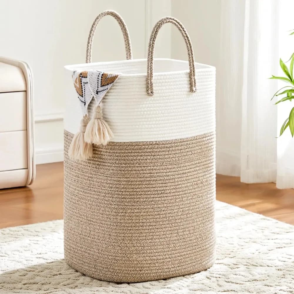 Cesto per la biancheria, cesto per la biancheria in corda di cotone intrecciata, contenitore versatile per vestiti sporchi, giocattoli per bambini e coperte nel bagno