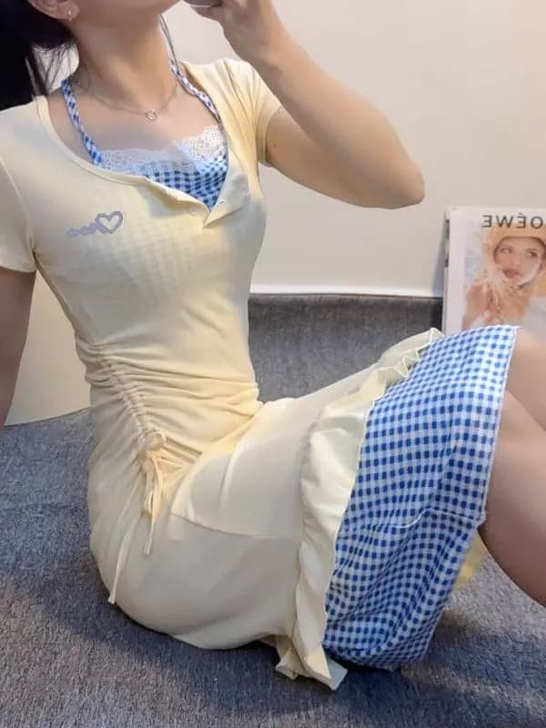 Summer New Women's Square Collar Hanging Neck Dress Slimming A-Line Midi Skirt Short Sleeve High Waist Sweet Style Dress