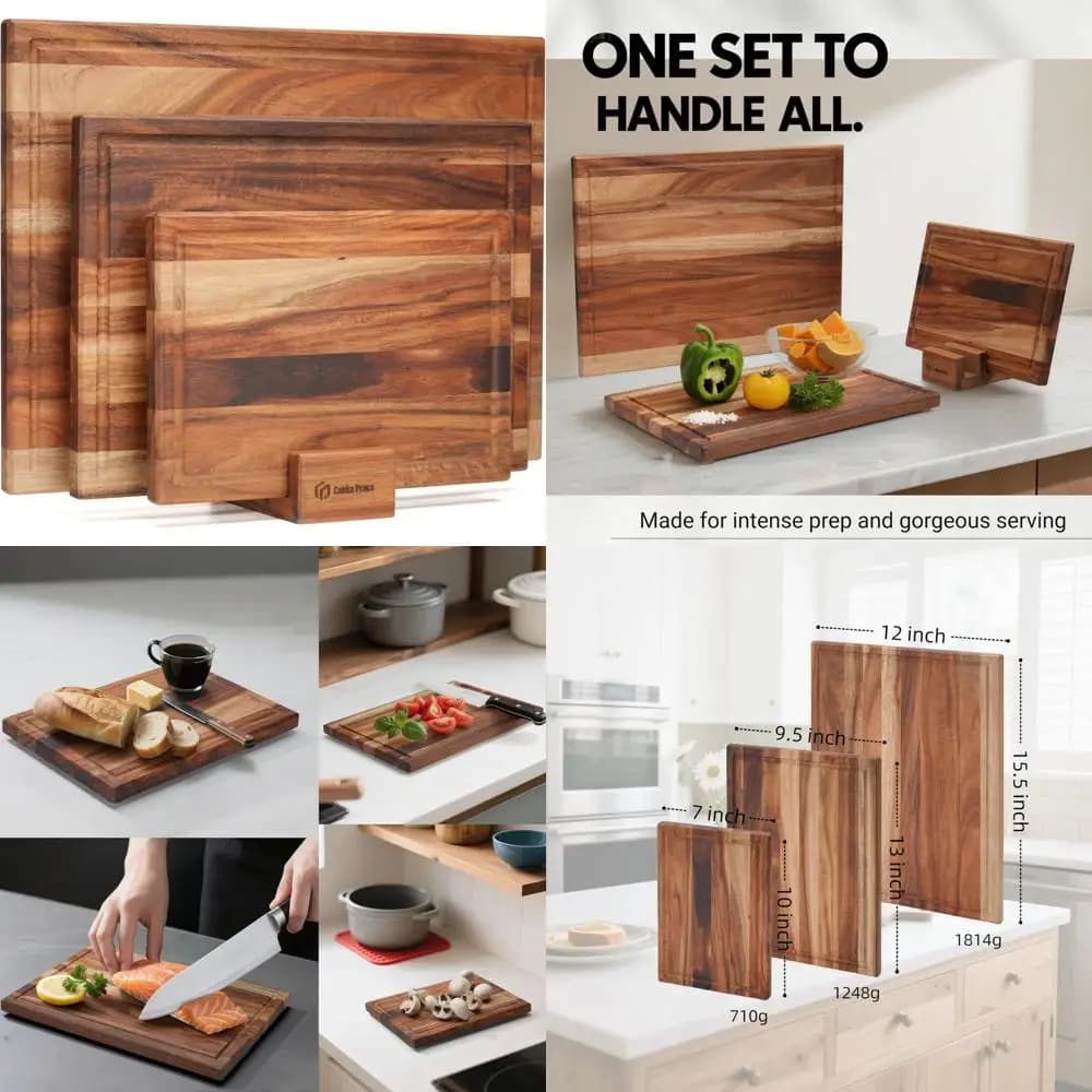 Set tagliere in legno di acacia antiscivolo con supporto, set da cucina da 3 pezzi adatto ai coltelli, blocco da macellaio spesso, spessore 0,7 per Durabi
