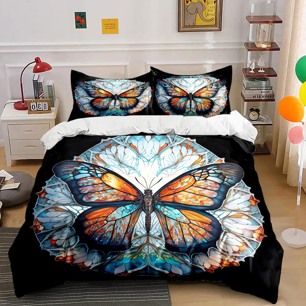 Set Copripiumino 3 Pezzi con Motivo Mandala a Farfalle in Vetro Colorato, Arte Floreale Simmetrica, per Letto Singolo, Matrimoniale, King, Queen, Idea Regalo