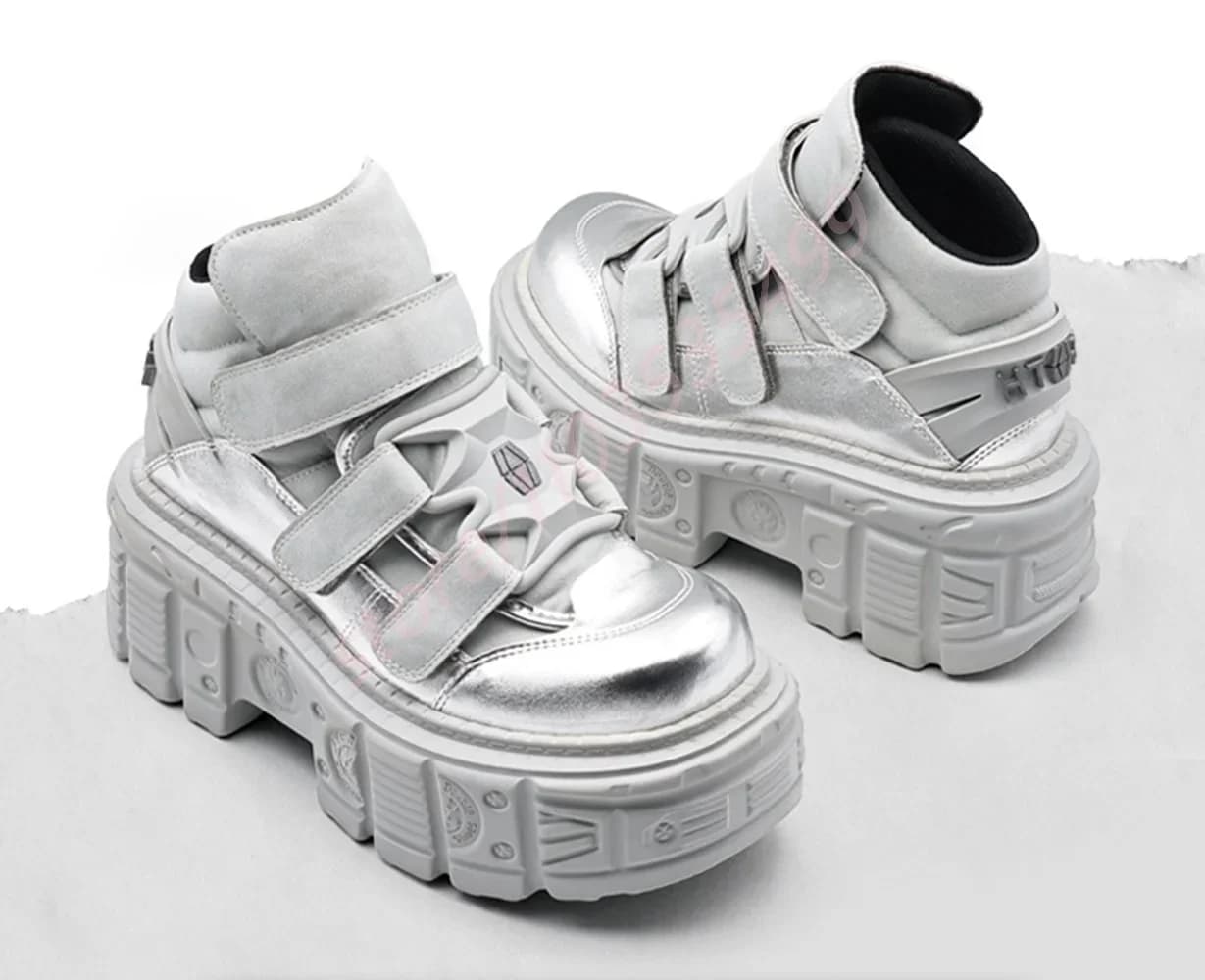 Tank Hook & Loop Punk Ankle Boots Street Rock Silver Gray Fashion Ladies Party 36-43 2025 New Round Toe Sports Casual Short Boot