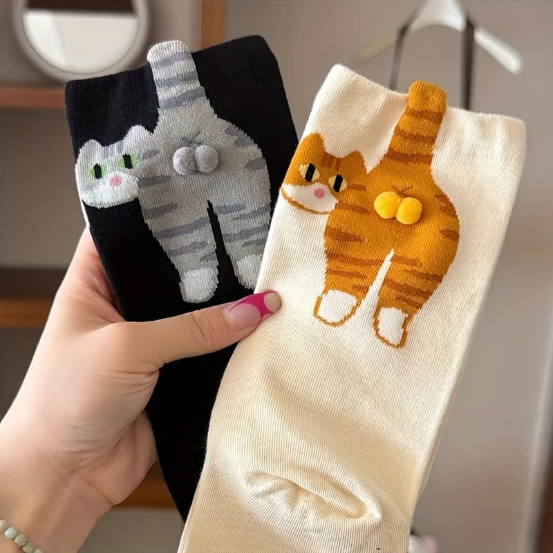 2 pairs of 3D socks with cute cats, black/white, funny, woman and girl, half leg, to sleep, with cat print, socks from home
