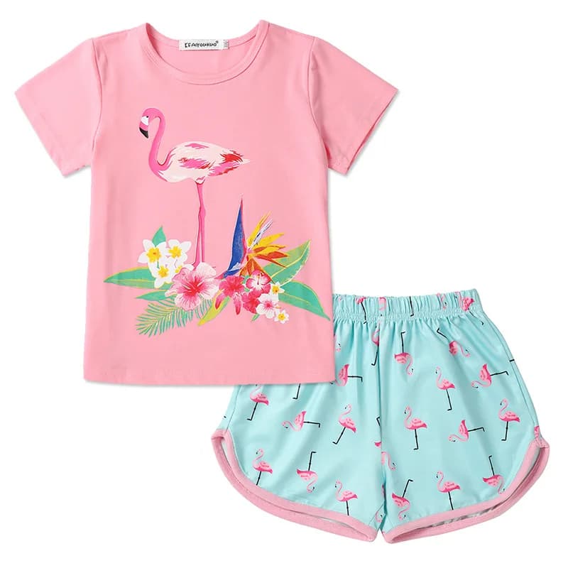 Abbigliamento casual estivo per bambini Neonate Animali stampati T-shirt rosa + pantaloncini Due pezzi per pigiami per bambini Set Abiti da indossare per la casa