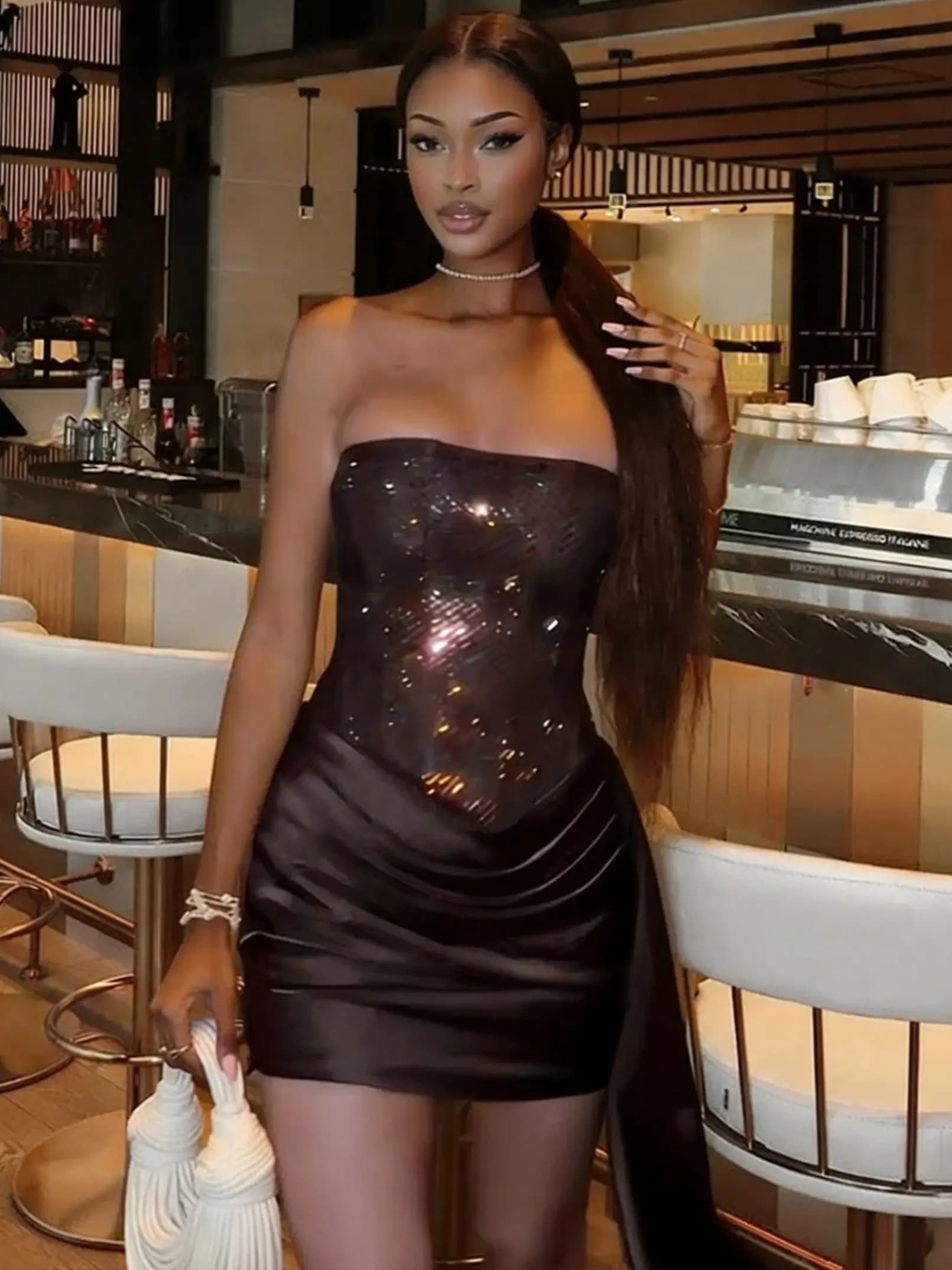 Sisterlinda Ribbon Ruched Dress Women Valentine's Day Strapless Sequins Patchwork Stain Peach Hip Sexy Hottie Dating Bodycon