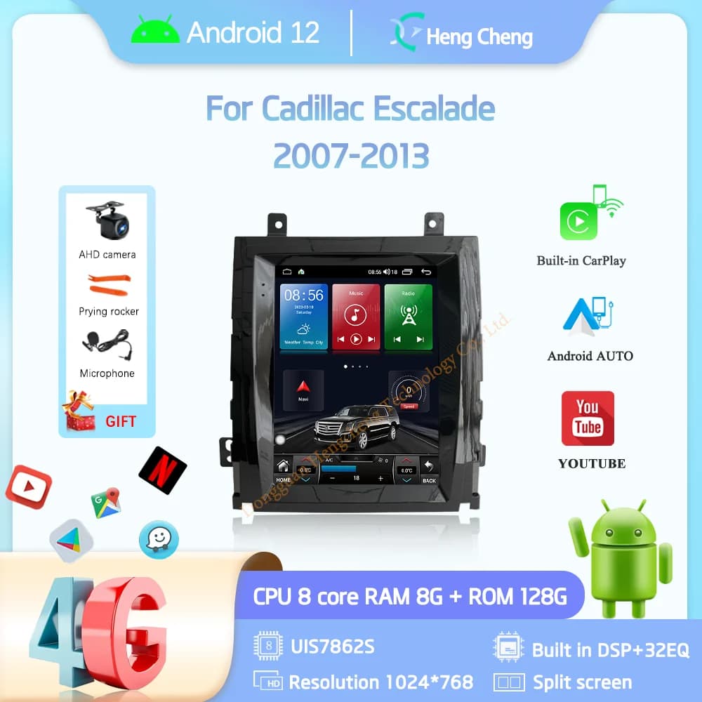 10.4Inch Car Multimedia Player For Cadillac Escalade 2007-2013 GPS Navigation Radio Android12 8Core 8+128G CarPlay 4G 360Camera
