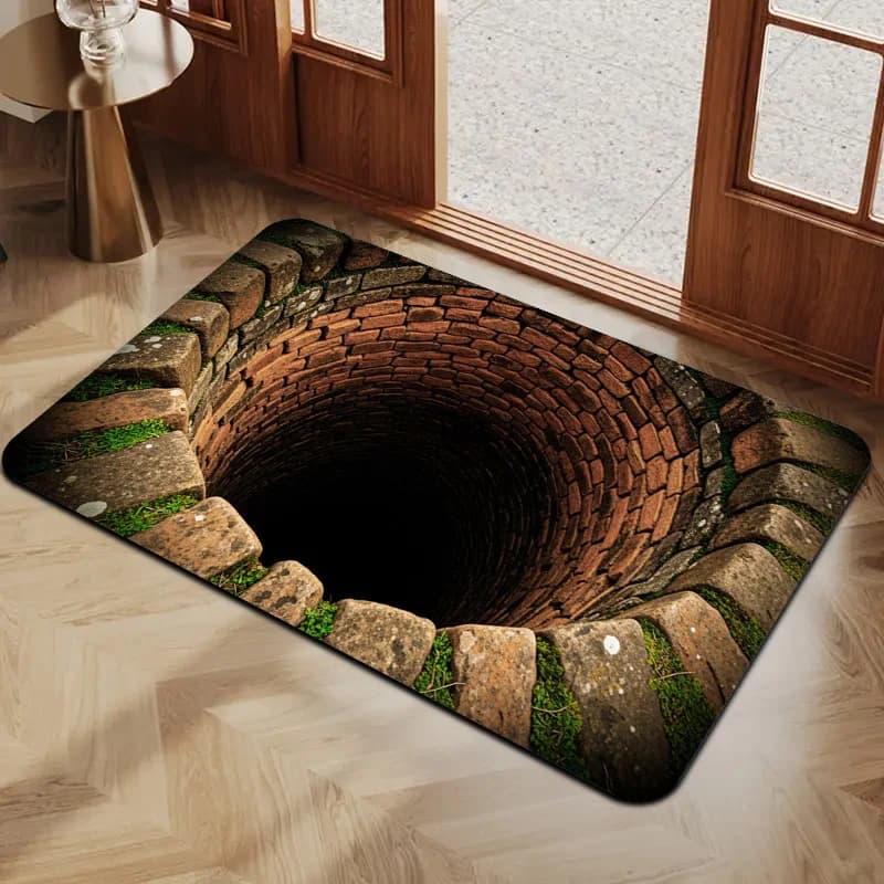 2D Optical Illusion Mat with Red Brick Design - Anti-slip Carpet in Flannel Washable in Washing Machine, Suitable for Interior