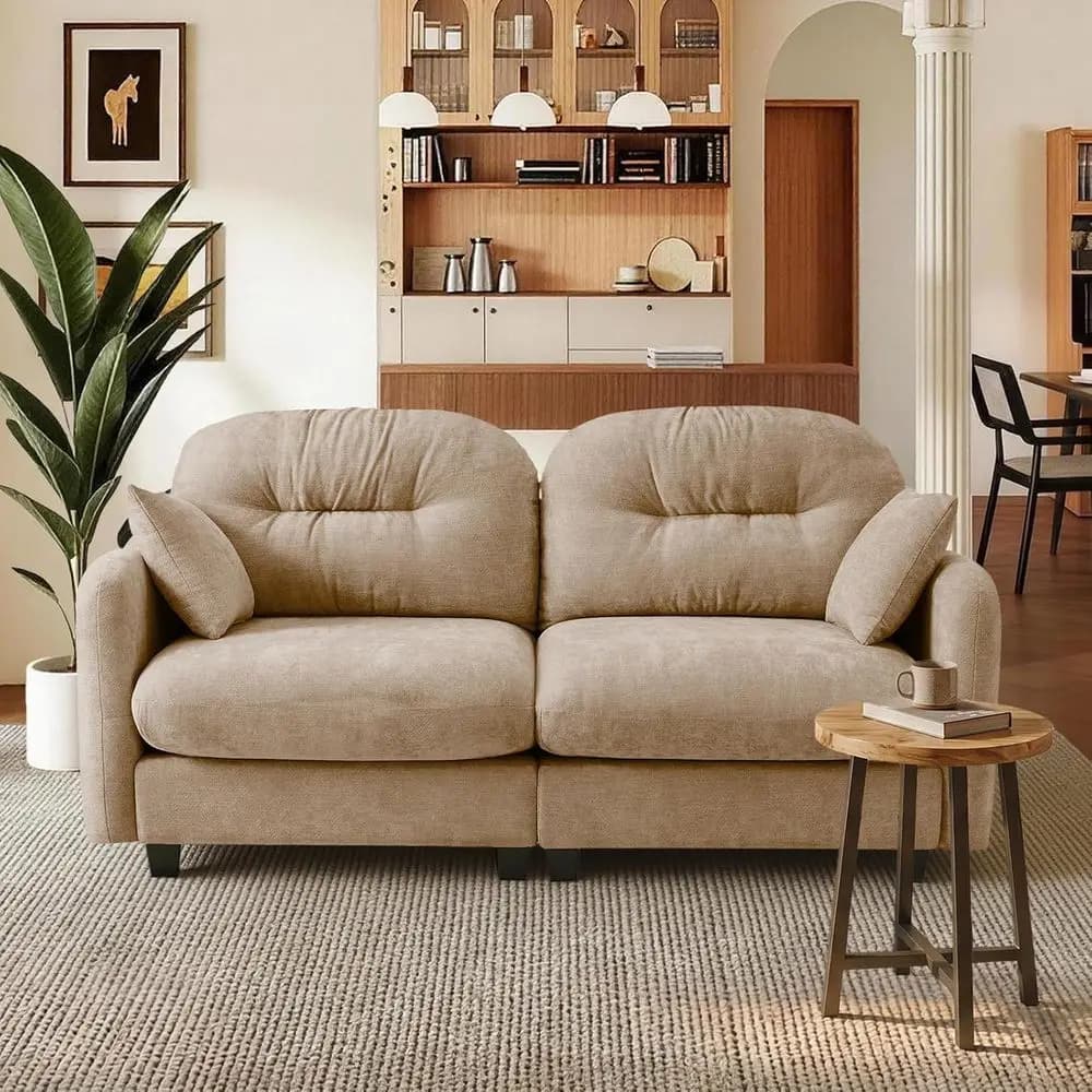 Sectional Cloud Sofa 2-Seater: Plush Double-Tone Chenille Loveseat with Pillows for Small Living Spaces, Camel