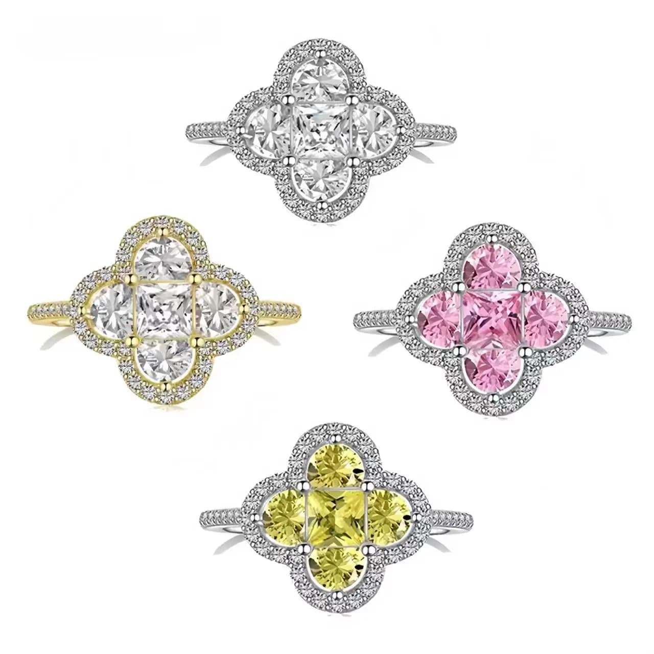 Anelli a Quadrifoglio in Zirconia Cubica 5A Lucida per Donne, Anello Portafortuna CZ, Gioielli Classici per Uso Quotidiano, Regali per Feste e Banchetti