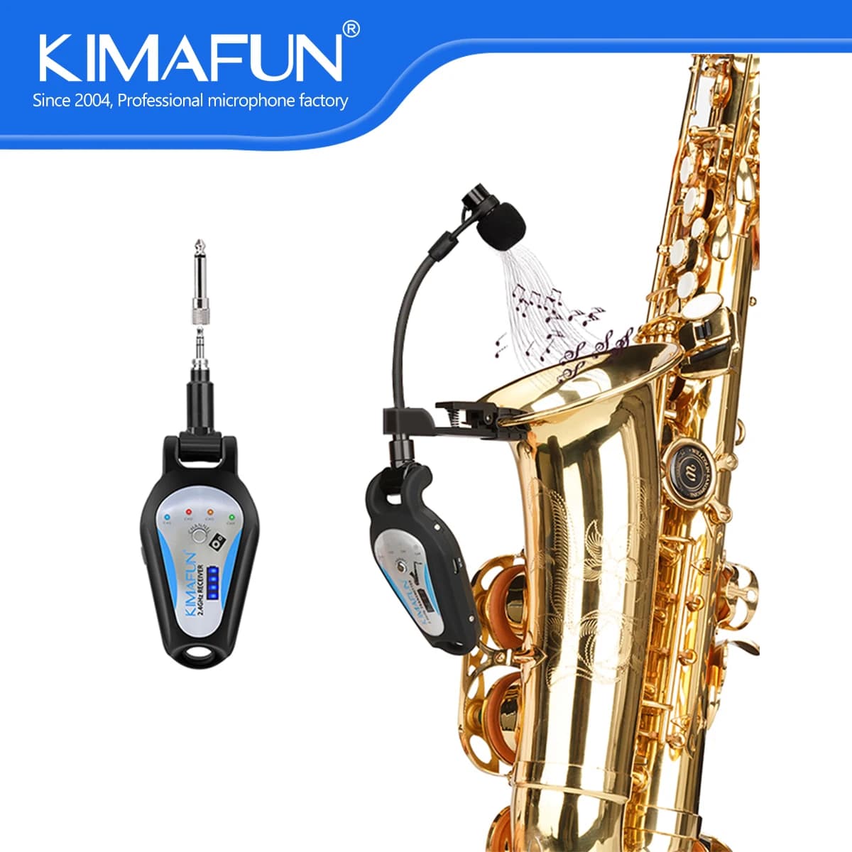 KIMAFUN Wireless Saxophone Gooseneck Microphone System Clip on Musical Instruments Transmitter and Receiver Clear Sounds Pick-up
