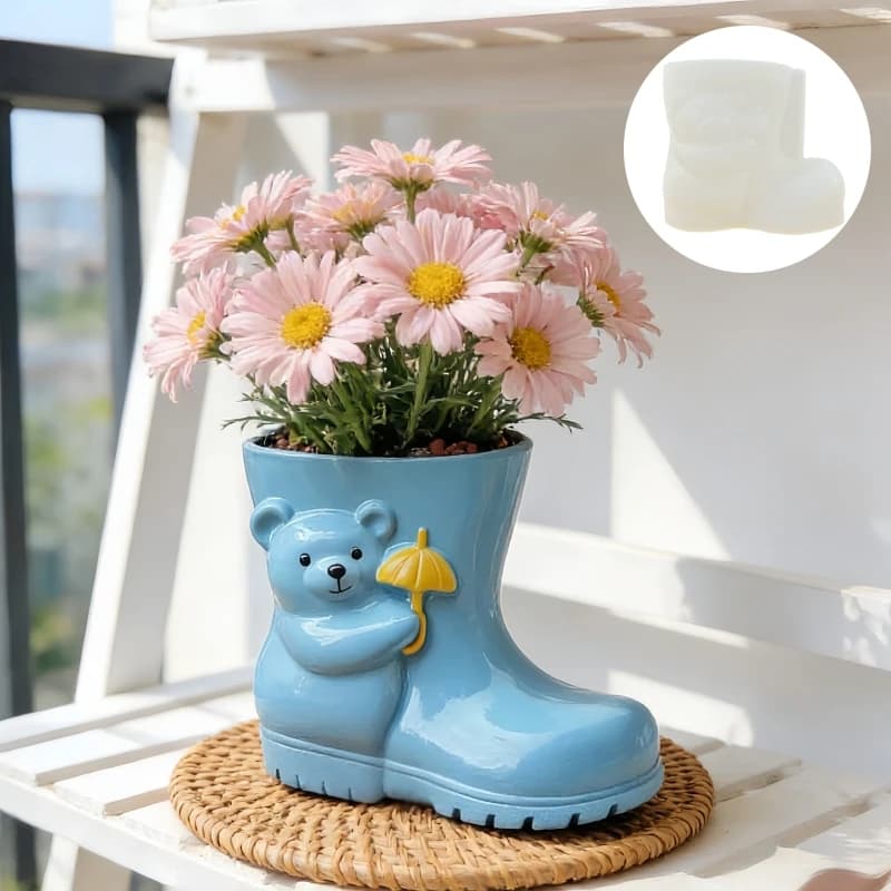 Stampo in silicone per resina e gesso a forma di orso con motivo a ombrello e scarpe da pioggia, per vasi, portapenne, porta pennelli da trucco