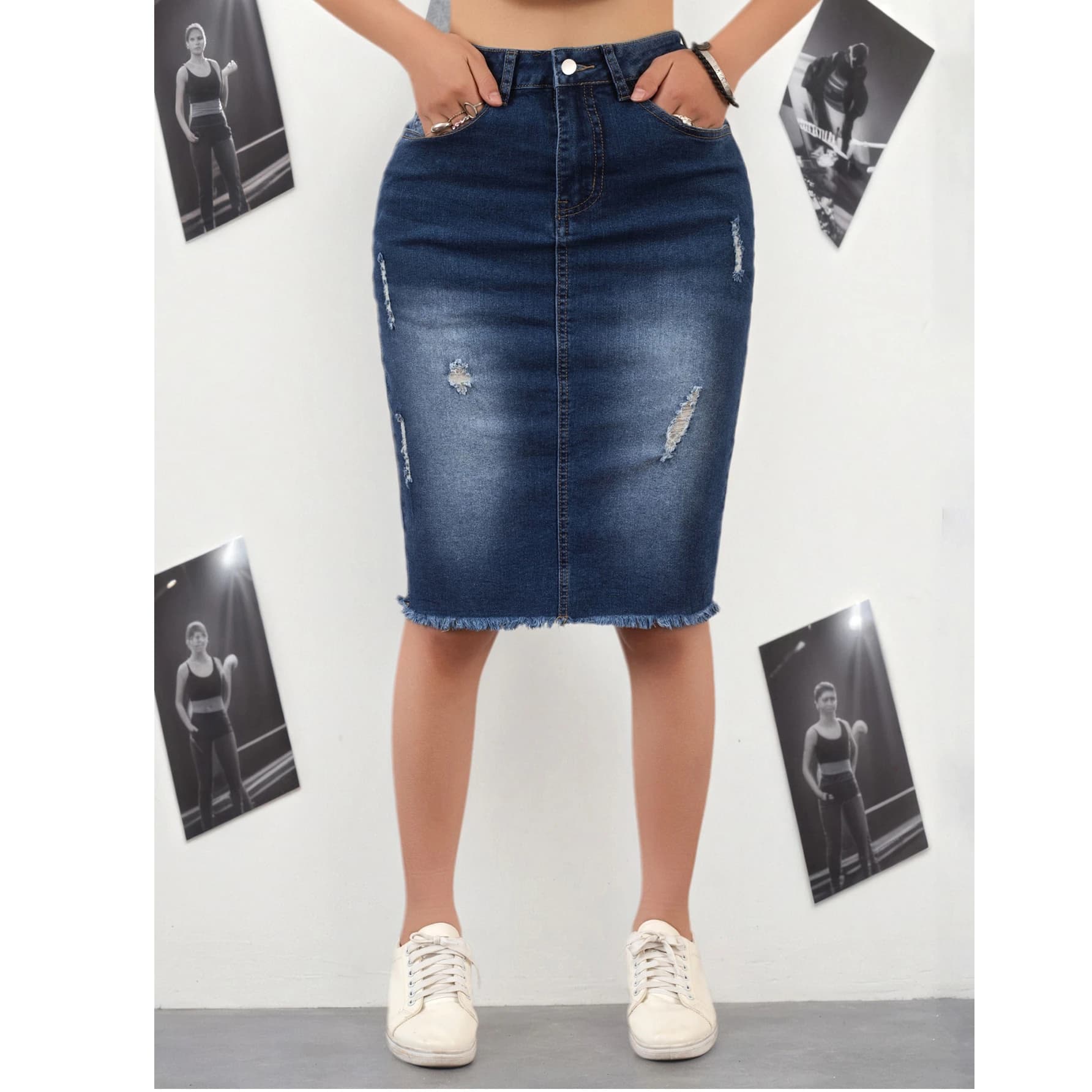 Women's dark blue denim skirt, versatile, with flaky edge, half length, wrapping, suitable for spring, summer and autumn, for a casual look.
