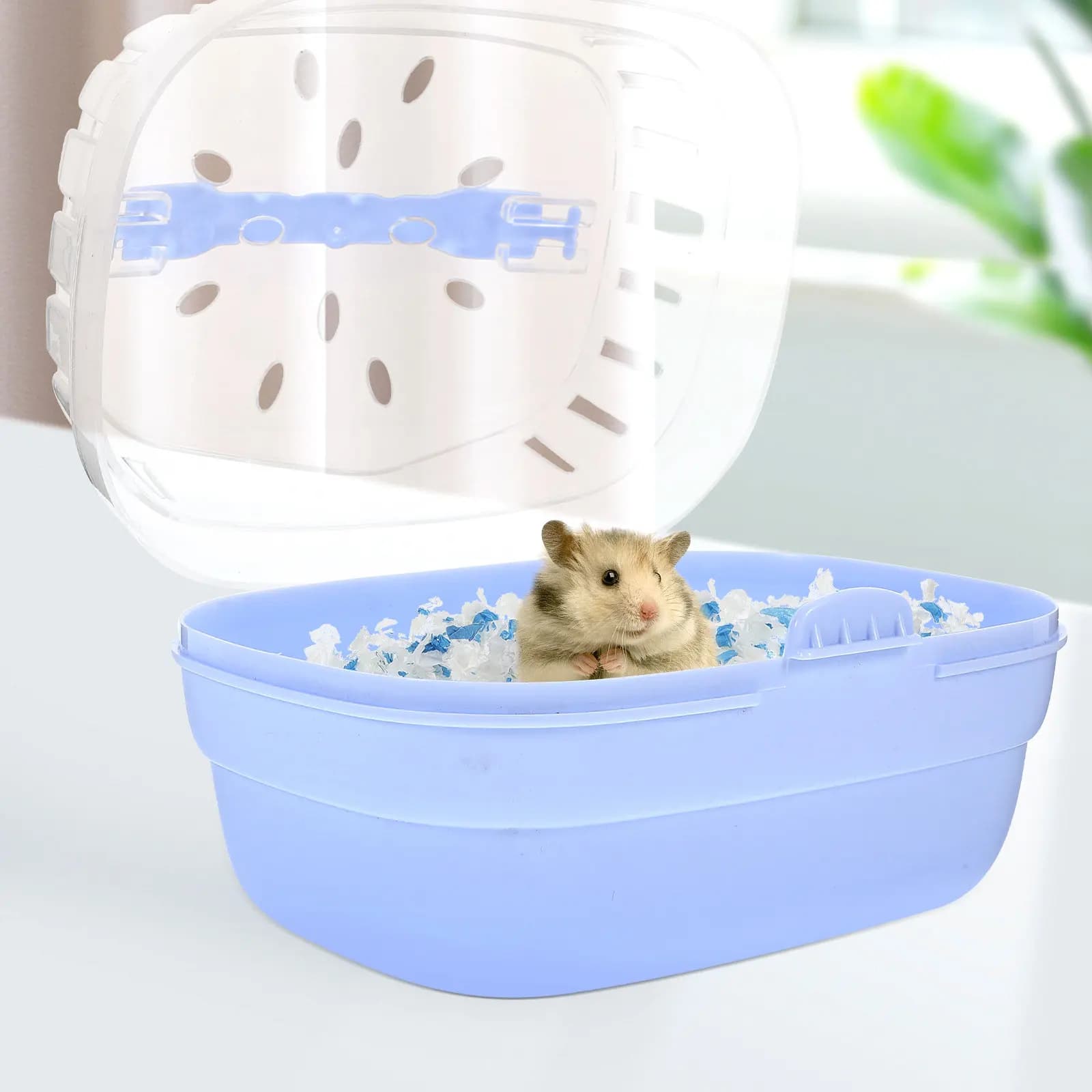 Trasportino Portatile per Criceti e Piccoli Animali, Gabbia da Viaggio Blu in Plastica con Finestra di Ventilazione e Chiusura a Fibbia, Borsa a Mano/Spalla per Animali Domestici