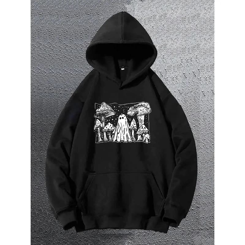 Felpa con cappuccio a maniche lunghe alla moda da uomo con stampa grafica di funghi e fantasmi, felpa con cappuccio ampia con