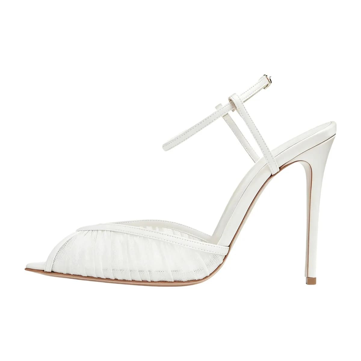 Arden Furtado Summer white Mesh Pleated Wedding shoes Pointed toe Super high heel One word buckle Sandals Peep toe Sandals
