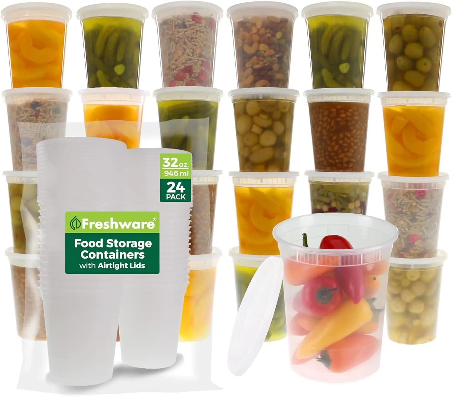Confezione da 24 Contenitori in Plastica da 32 oz con Coperchi Ermetici per Preparazione Pasti, Zuppe, Slime e Avanzi, Impilabili e a Prova di Perdite