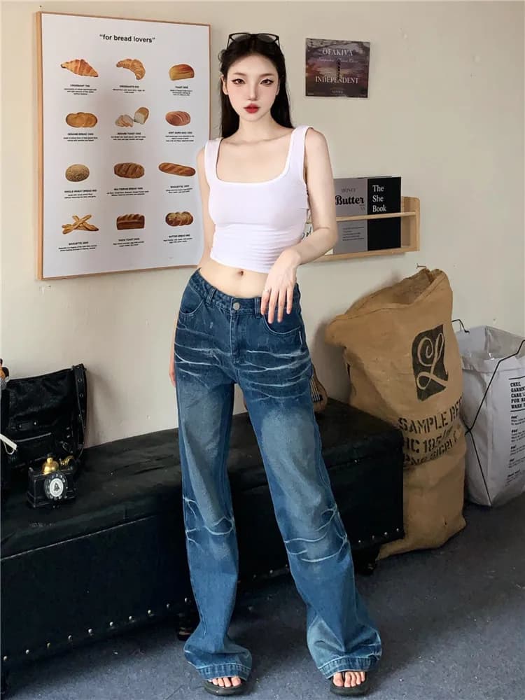 Retro American Lengthened Ice Crack Pattern Low Waist Bell Bottom Jeans Women Spring Autumn Washed Floor-Length Pants
