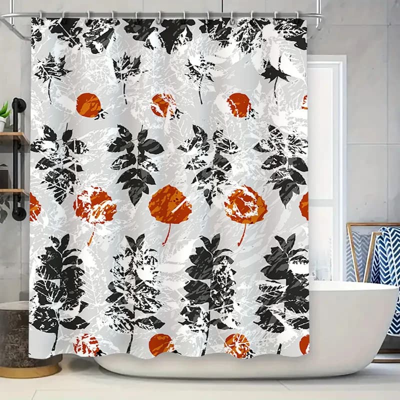 Tenda da doccia floreale in bianco e nero Tappetino da bagno impermeabile decorativo rustico Accessori per il bagno Stampa foglia arancione Decorazioni per la casa