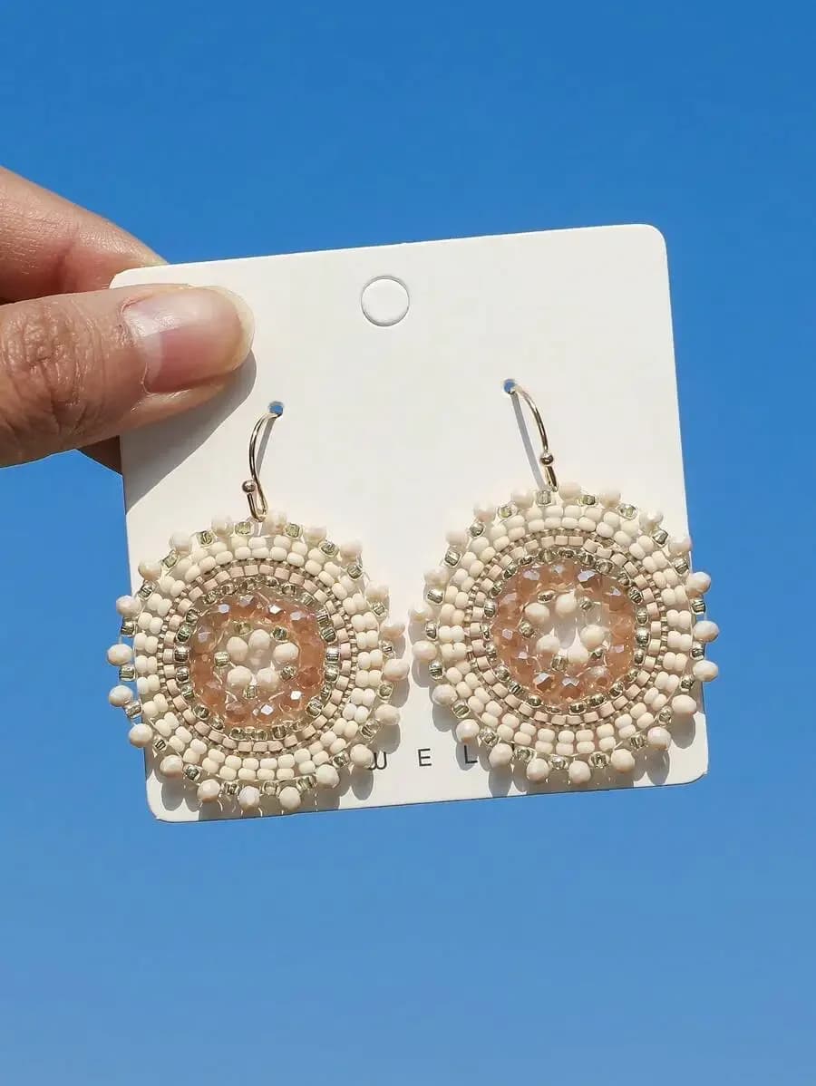 Handmade Bohemian Style Crystal Beaded Woven Drop Earrings For Women