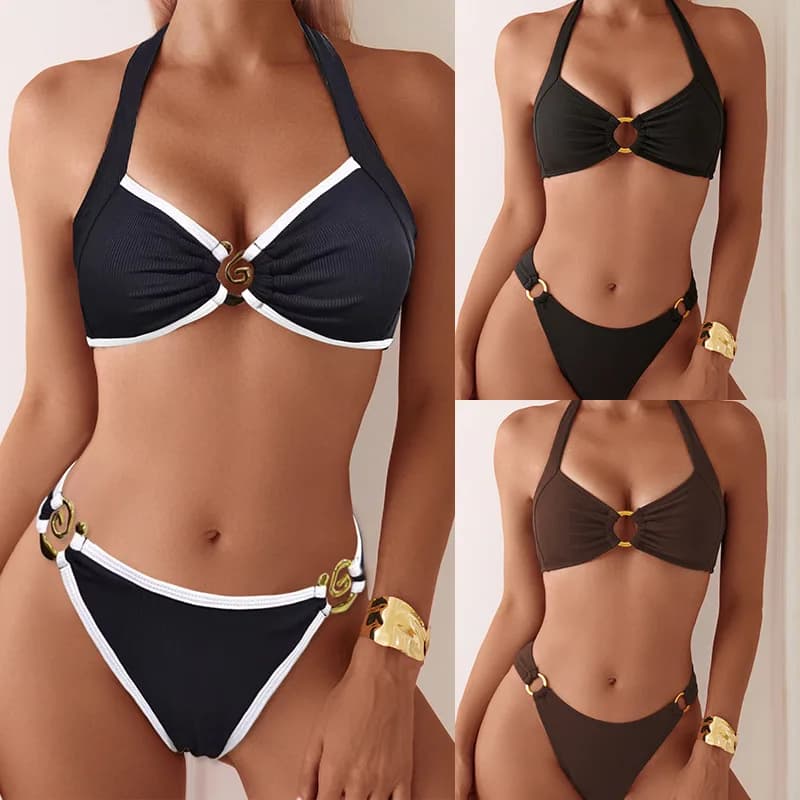 NewbikiniSolid Color Ribbed Sexy Bikini Two-Piece Swimsuit for Women