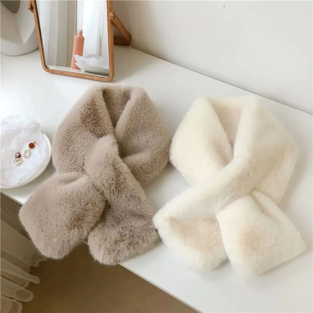 Sciarpa da donna in peluche a croce, calda e spessa per l'inverno, morbida e pelosa, scaldacollo in finta pelliccia di coniglio, tinta unita, nuova collezione