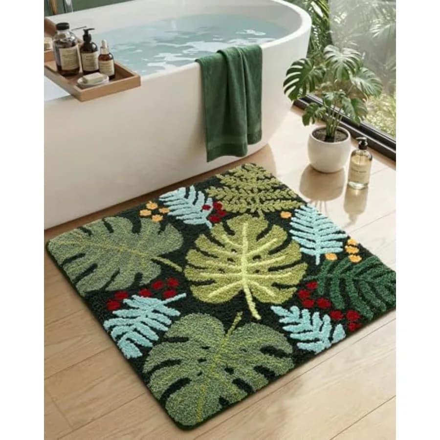 Tappeto da bagno Monstera 31x31 cm, quadrato, con foglie verdi, tappetino da bagno con motivo foresta tropicale, antiscivolo, lavabile, assorbente, morbido, in microfibra.