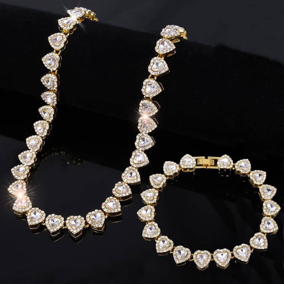 Yupsk 45 CM/20 CM Heart Polished Rhinestones Hip Hop Rock Tennis Necklace with Women's Chain Bracelet Men's Fashion Gift Jewelry Set