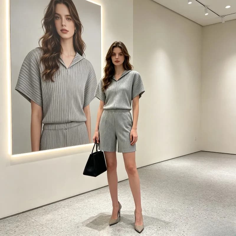 Miyake Pleated Hoodie and Shorts Set Summer New Fashion Casual Versatile Solid Color Short Sleeve Sweatshirt Two-Piece Set Pleat