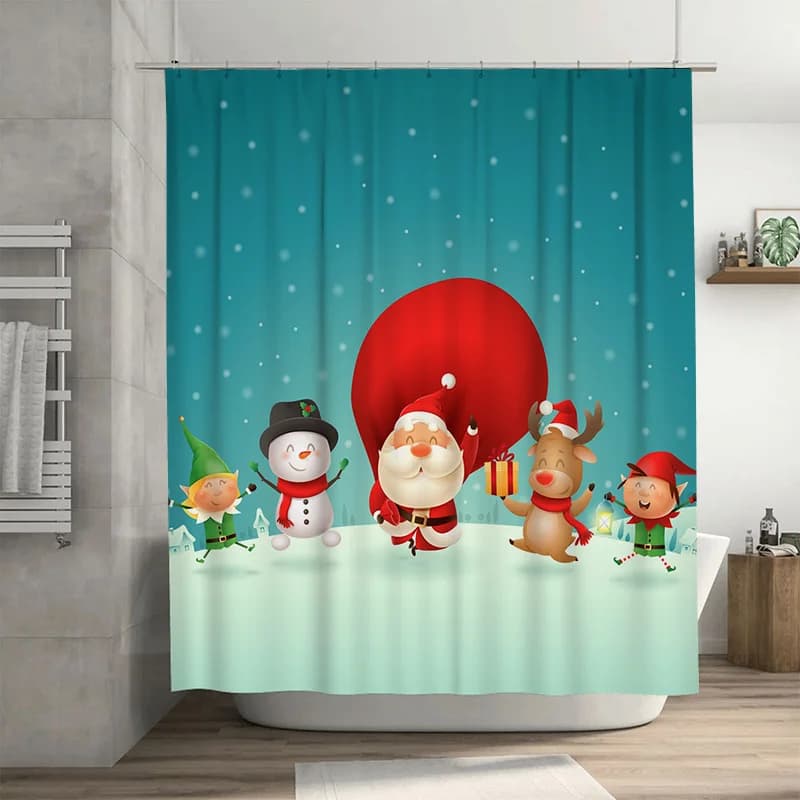 TU Tenda da doccia natalizia Decorazioni per il bagno festive per le vacanze Babbo Natale Renna Pupazzo di neve Set di tende da doccia in tessuto impermeabile