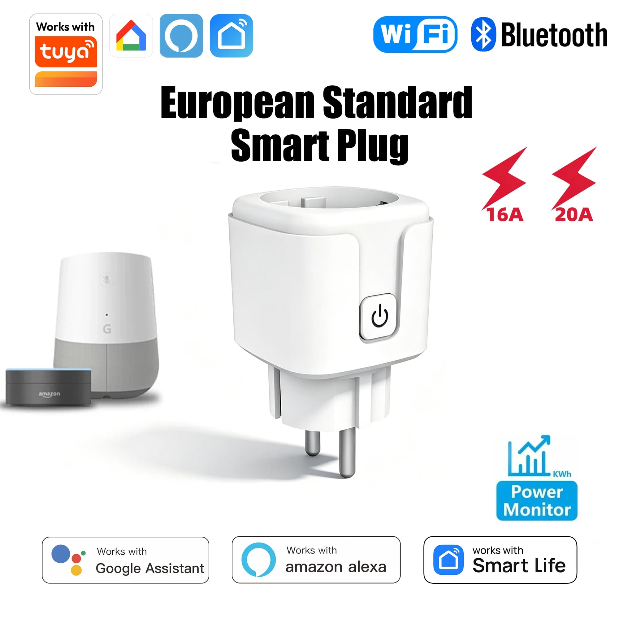 Presa Intelligente WiFi Tuya EU 20A, Funzione Timer e Controllo Vocale, Compatibile con Alexa e Google Home