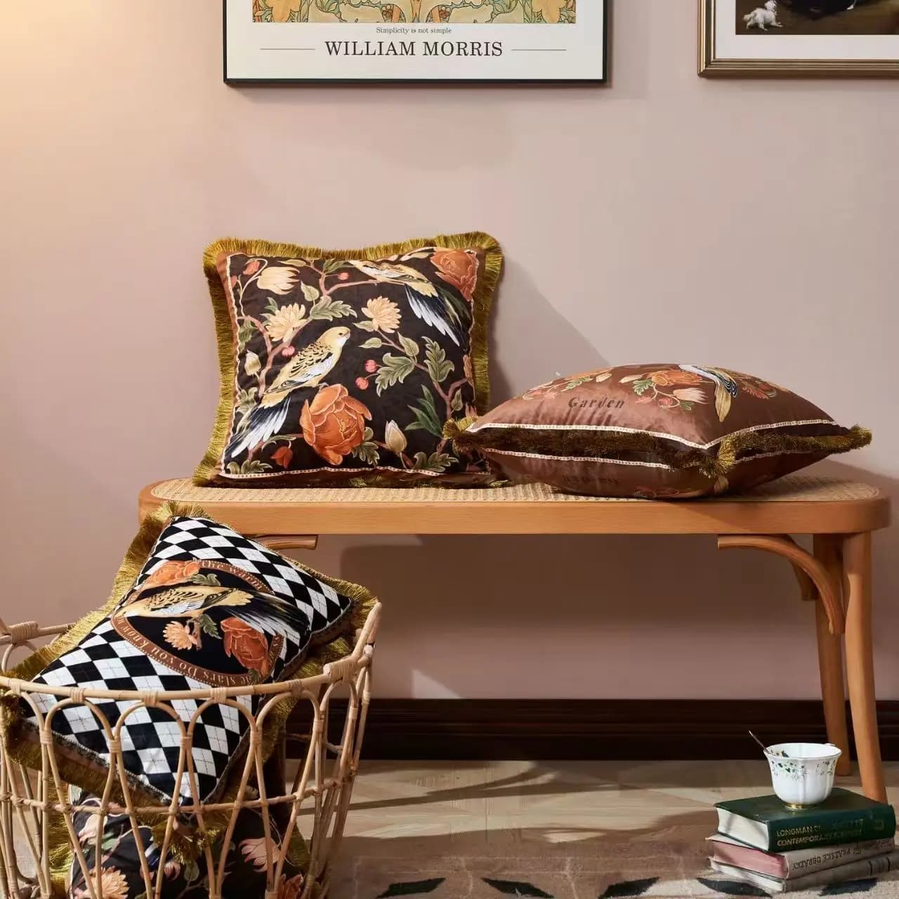 Fodera per cuscino stampata con frange di uccelli pastorali Fodere per cuscini moderne in stile americano in velluto Federa decorativa per la casa per divano