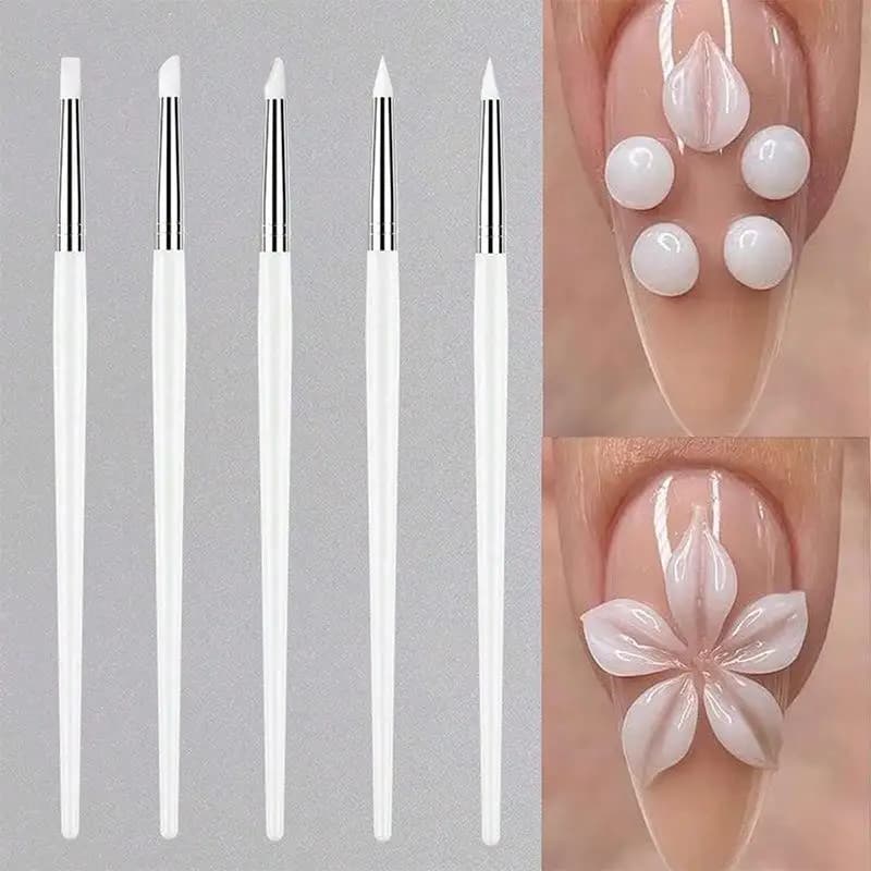 Set di 5 Pennelli Professionali in Silicone per Smalto UV Gel, Strumenti per Nail Art 3D Fai-da-Te, Penne per Manicure