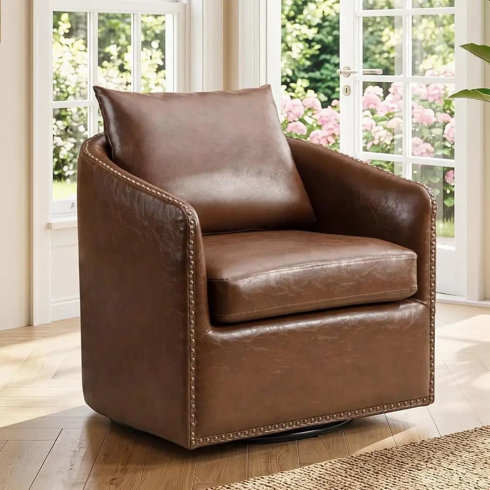 360 Degree Swivel Barrel Chair with Plump Back Pillow, Waterproo Oil Waxed PU Leather Swivel Armchair with Rivets, Comy Vintage