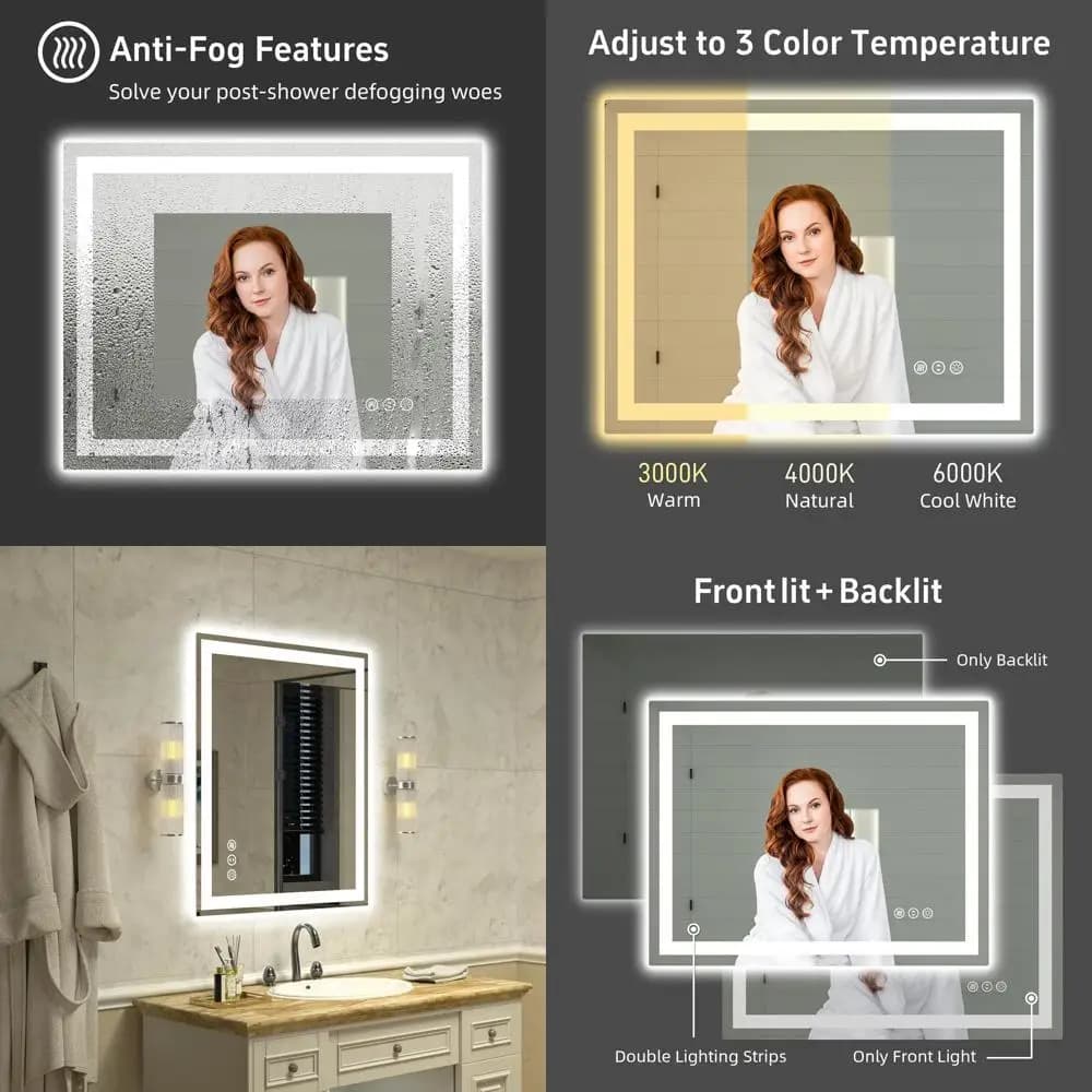 Specchio LED da Bagno 36"x 30" con Luci, Specchio da Parete Intelligente Dimmerabile, Anti-og, Retroilluminato + Illuminazione Frontale, Memoria di Impostazioni