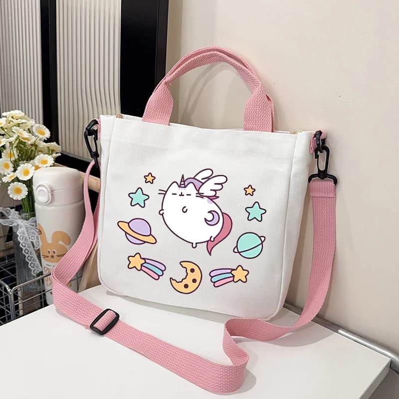Borsa a Tracolla Carina Pusheens per Ragazze, Borsa Sportiva da Esterno, Borsa a Spalla da Donna, Borsa a Mano in Tela per Shopping, Borsa a Tracolla per Studentesse, Regalo