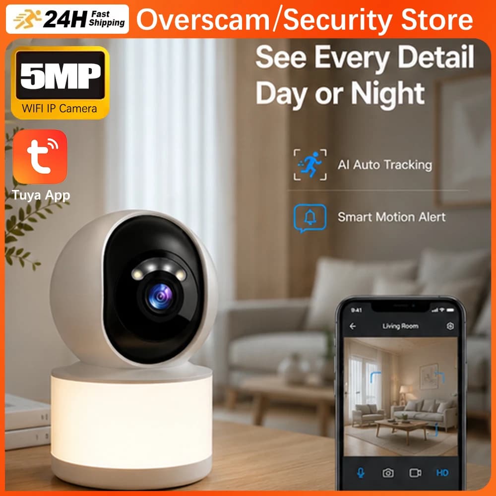 Telecamera Interna Tuya Smartlife 5MP HD con Visione Notturna a Colori, Illuminazione Wireless WiFi, Monitor per Bambini, Tracciamento AI delle Persone, Audio Bidirezionale