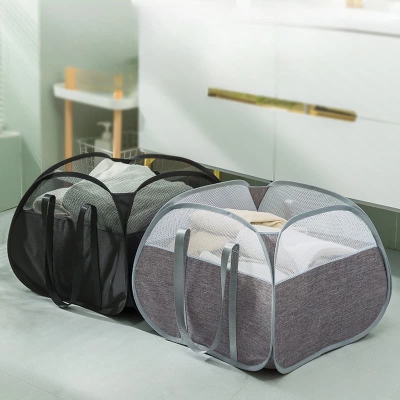 1pcs Storage Basket Mesh and Steel Wire Hollow Breathable Laundry Hamper Bathroom Organizer Foldable Laundry Bag